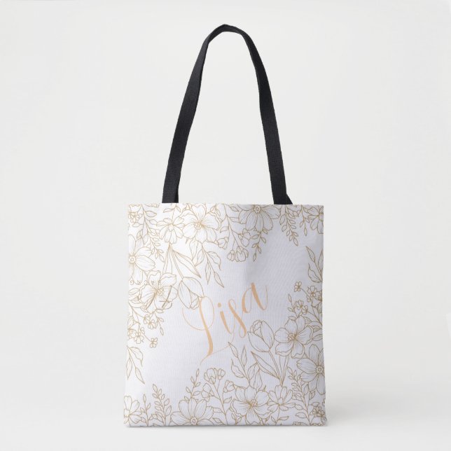 Personlig White Tote Bag - Guld Blommigt Tygkasse (Framsida)