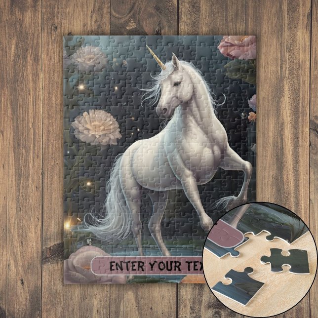 Personlig White Unicorn Flowers Pussel (Personalized White Unicorn Flowers Jigsaw Puzzle)