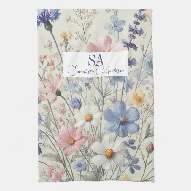 Personlig Wildblomme Kitchen Towel | Initialer Kökshandduk (Vertikal)