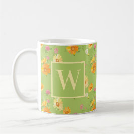 Personlig Wildblommes Grönt Blommigt Monogrammad Kaffemugg