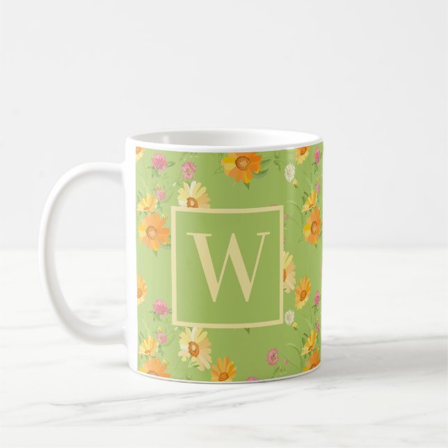 Personlig Wildblommes Grönt Blommigt Monogrammad Kaffemugg (Vänster)
