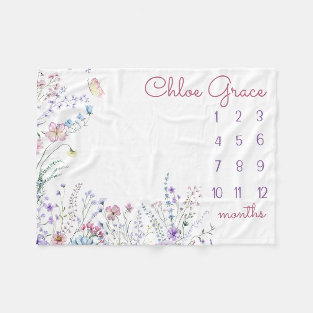 PERSONLIG WILDFLOWER Flicka Milestone Blanke Fleecefilt (Framsidan (Horisontell))