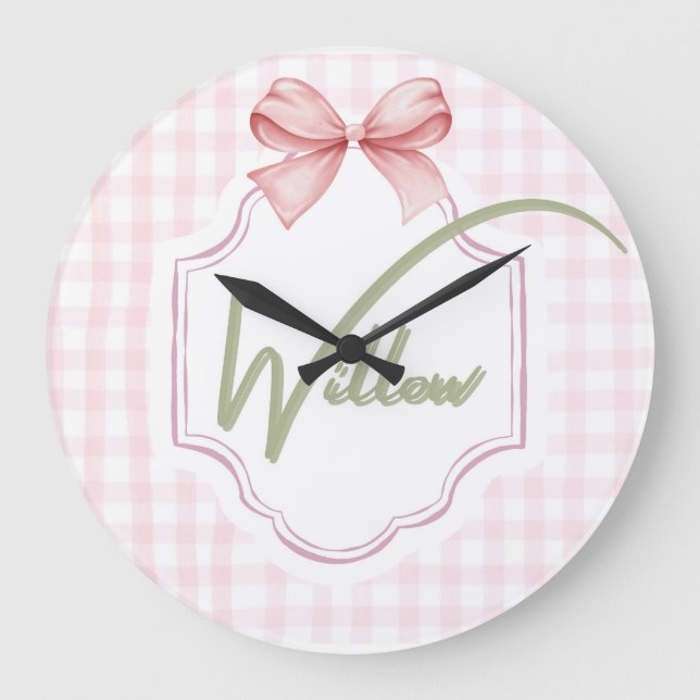 Personlig Willow Babyflicka Nurserieskum & Gingham Stor Klocka (Framsida)