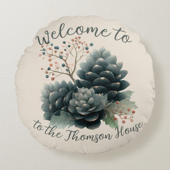 Personlig Winter Pinecone-familjedesign Rund Kudde (Framsidan)