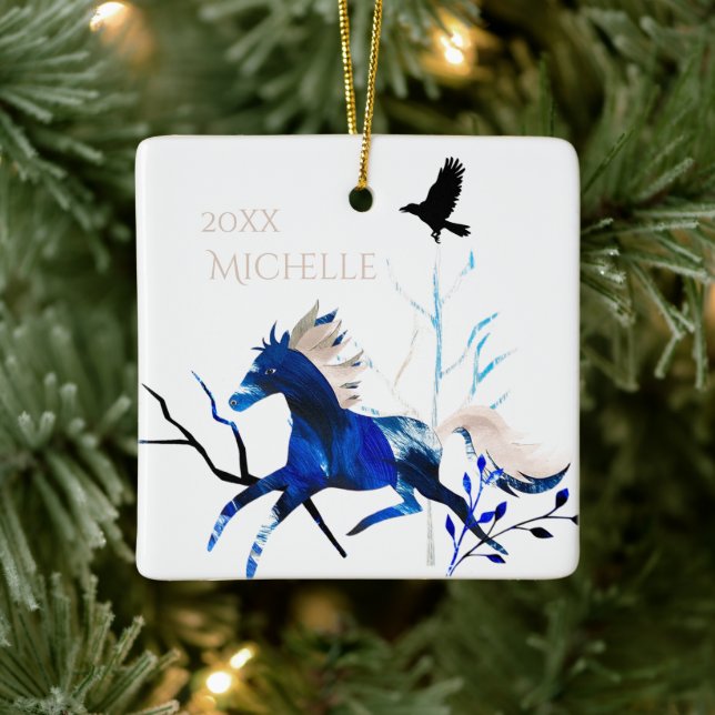 Personlig Winter Pony och Kråka Horse Jul Julgransprydnad Keramik (Träd)
