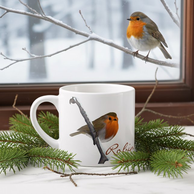 Personlig Winter Robin Bird Espresso Kopp Espressomugg (Bring the beauty of nature indoors with this enchanting personalized robin espresso cup.)