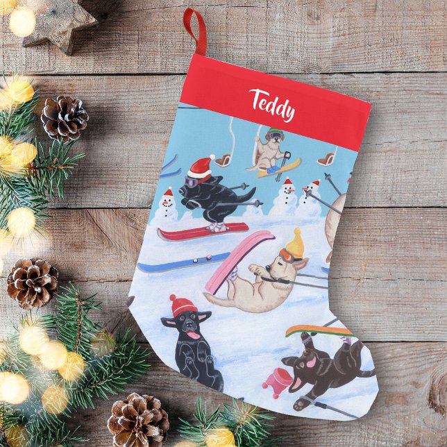Personlig Winter Roligt jul Skiing Labradors Liten Julstrumpa (Personalized Winter Fun Christmas Skiing Labradors Design Christmas Stocking for Labrador Owners.)