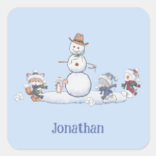 Personlig Winter Snowball Fight Animals Fyrkantigt Klistermärke