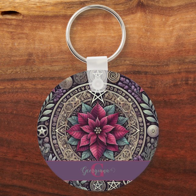 Personlig Witchy Poinsettia Pentagram Mandala Nyckelring (Framsida)