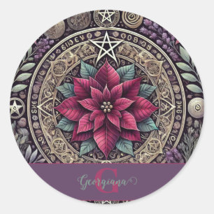 Personlig Witchy Poinsettia Pentagram Mandala Runt Klistermärke