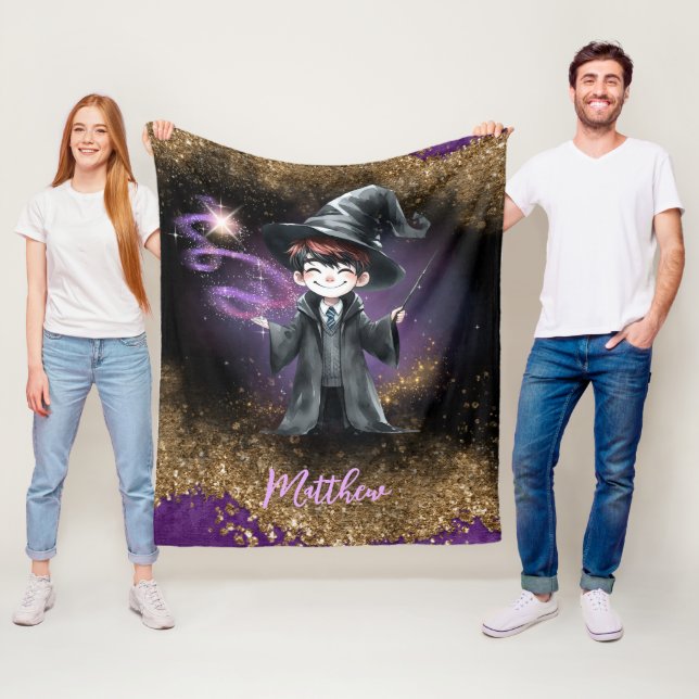 Personlig Wizard Boy Son Birthday Gift Magic Fleecefilt (På plats)