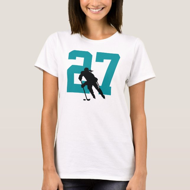 Personlig Women's Hockey Player Number Teal T Shirt (Framsida)