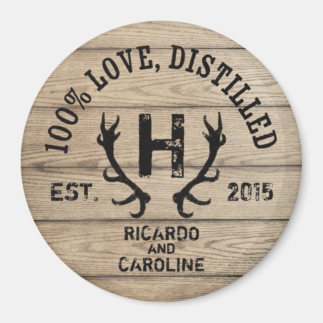 Personlig Wood Bourbon Barrel Bröllop Monogram Magnet (Framsidan)