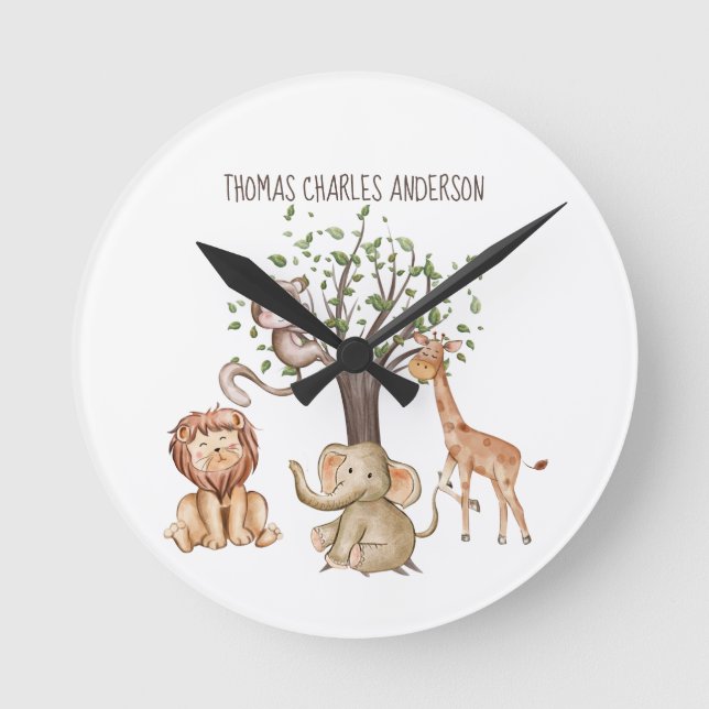 Personlig Woodland Animals Baby Gift Nursery Rund Klocka (Framsida)