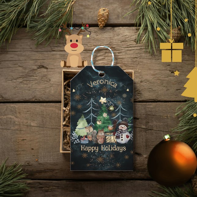 Personlig Woodland Animals jul Blue Presentetikett (Personalized Woodland Animals Christmas Blue Gift Tags)