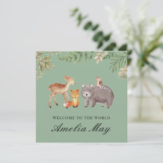 Personlig Woodland Animals Nyfödd bebis Card Spara Datumet