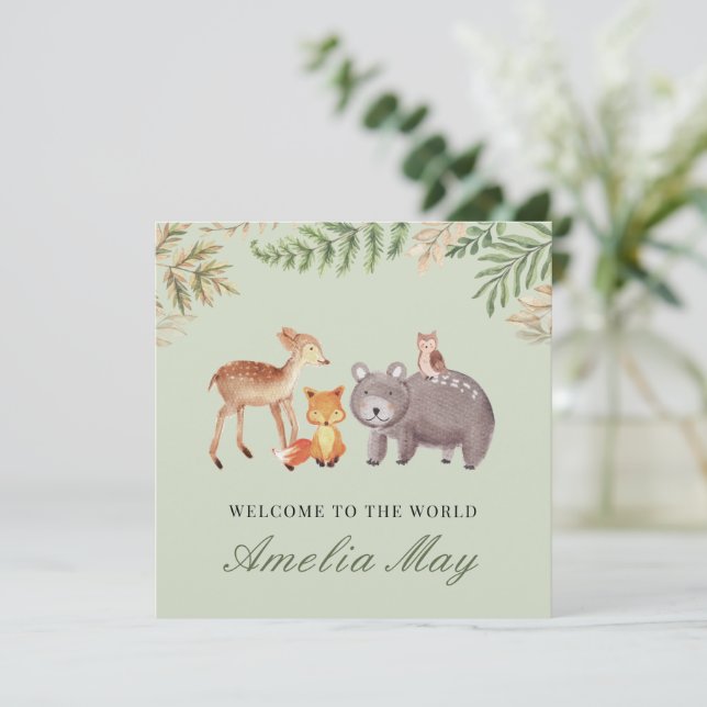 Personlig Woodland Animals Nyfödd bebis Card Spara Datumet (Stående Fram)