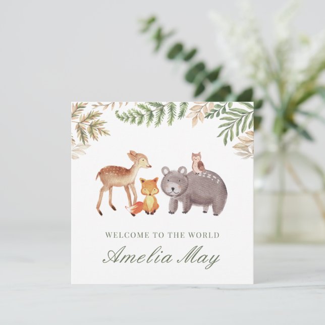 Personlig Woodland Animals Nyfödd bebis Card Spara Datumet (Stående Fram)