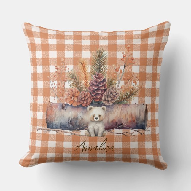 Personlig Woodland Bear Gingham Fall Kudde (Framsida)