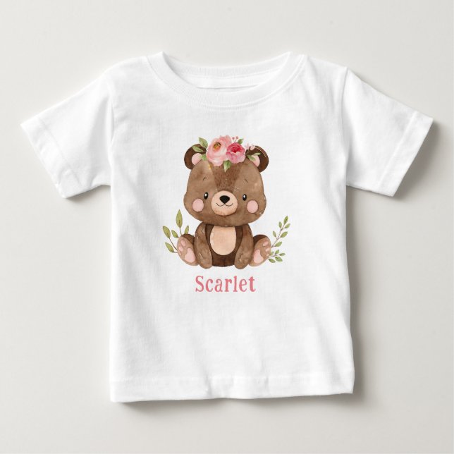 Personlig Woodland Bear Girl Baby Bodykostym T Shirt (Framsida)