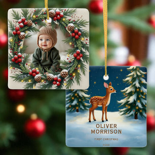 Personlig Woodland Första jul Baby Hjort Julgransprydnad Keramik