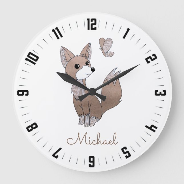 Personlig Woodland Fox och Butterfly Nursery Stor Klocka (Framsida)