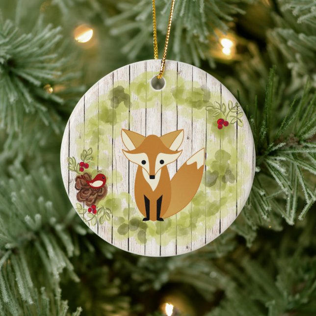 Personlig Woodland Fox och God jul Julgransprydnad Keramik (Träd)