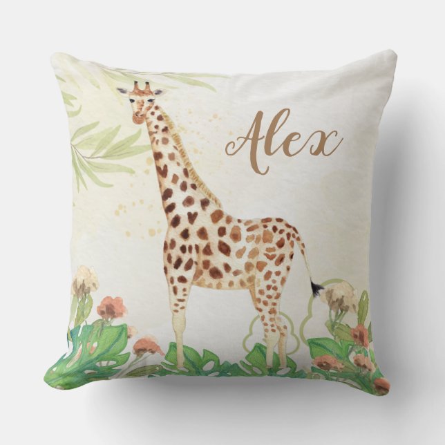 Personlig woodland safari giraffe greenery childre kudde (Framsida)