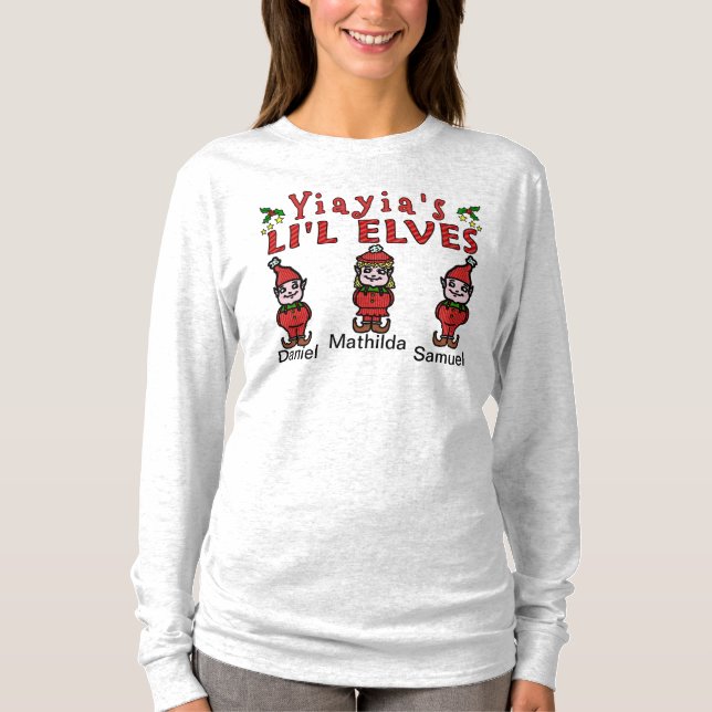 Personlig Yiayia Barnbarn Elves 2 Boys 1 Girl T Shirt (Framsida)