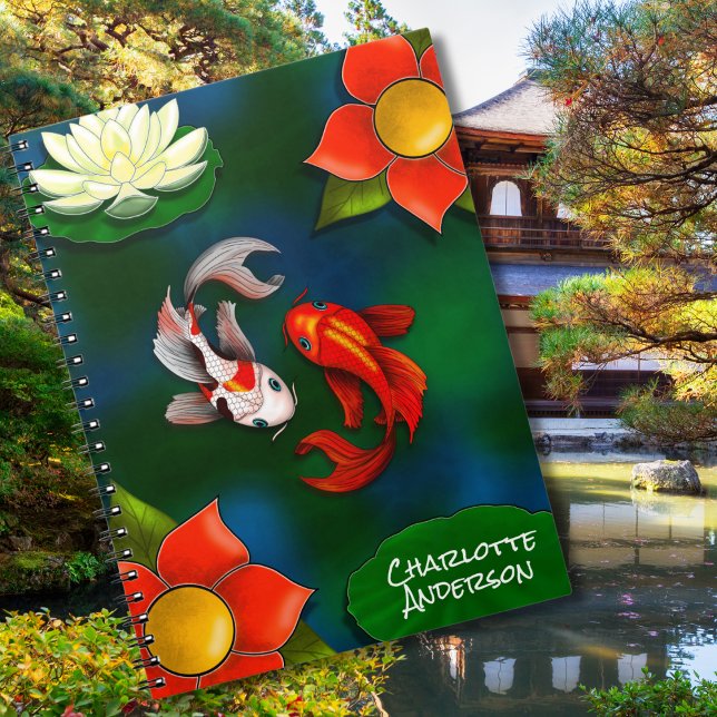 Personlig Yin Yang Koi Fish White Lotus Pond Anteckningsbok (Skapare uppladdad)