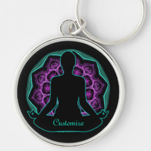 Personlig Yoga Mandala Rund Silverfärgad Nyckelring