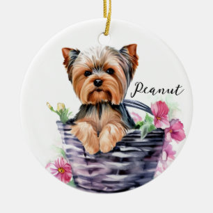 Personlig Yorkie i Basket Watercolor Art Art Julgransprydnad Keramik