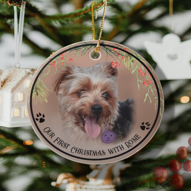 Personlig Yorkshire Terrier Hund Photo Julgransprydnad Keramik (Personalized Yorkshire Terrier Dog Photo Ceramic Ornament FRONT)