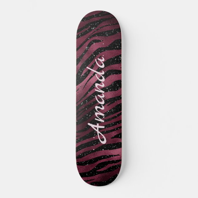 Personlig Zebra Black och Burgundy Glitter Mini Skateboard Bräda 18,5 Cm (Framsida)