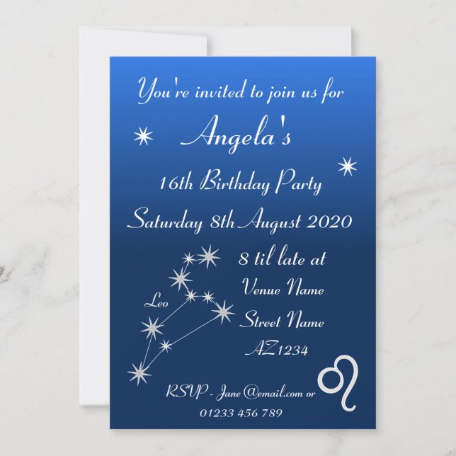 Personlig Zodiac Leo Galaxy Party-inbjudan Inbjudningar (Framsida)
