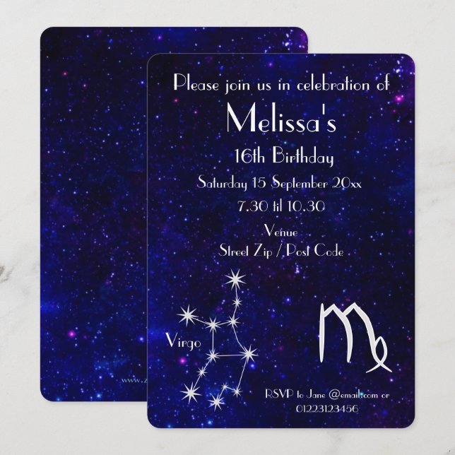 Personlig Zodiak Jungfru Galaxfest Inbjudningar (Fram/baksida)