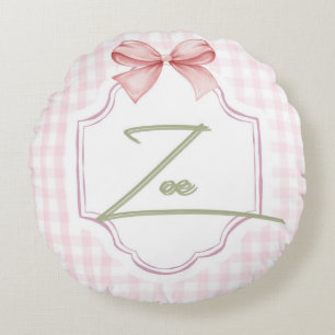 Personlig Zoe Flicka Nursery Bow&Gingham Rund Kudde