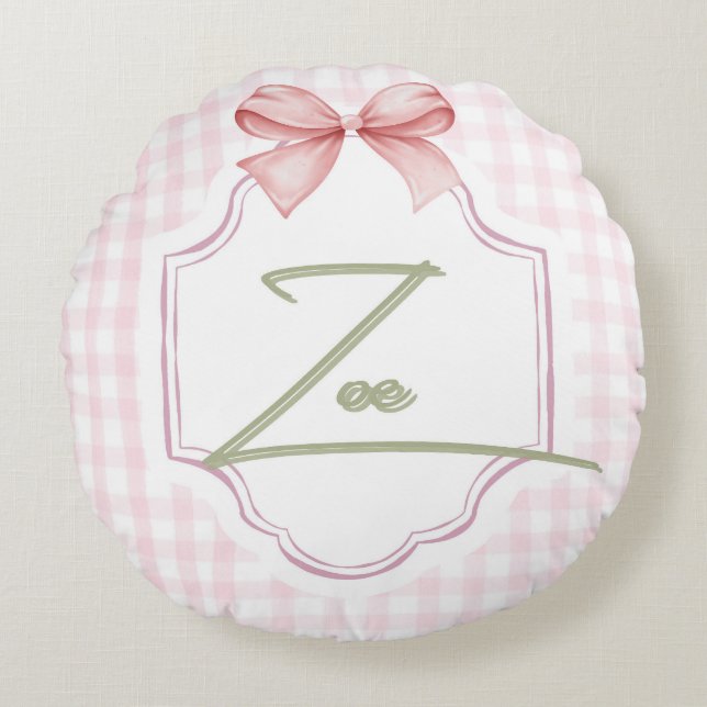 Personlig Zoe Flicka Nursery Bow&Gingham Rund Kudde (Framsidan)