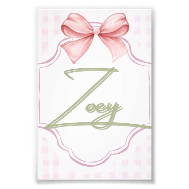 Personlig Zoey Flicka Nursery Bow&Gingham Fototryck (Framsidan)