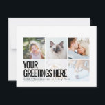 Personliga 6 bilder Moderna Universella Hälsningar Vykort<br><div class="desc">Personliga 6 familjebilder Moderna och skarpa Universella Hälsningskort med en stilren fotokollage med 6 anpassade bilder, ditt hälsningsmeddelande i fet och iögonfallande modern sans-serif-teckensnitt, ditt namn, datum, år, meddelande på baksidan i ett minimalistiskt typografiskt och coolt sans-serif-teckensnitt. Svart och vit minimalistisk estetik, men du kan redigera vykortet i valfri färg....</div>