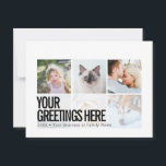 Personliga 6 bilder Moderna Universella Hälsningar Vykort<br><div class="desc">Personliga 6 familjebilder Moderna och skarpa Universella Hälsningskort med en stilren fotokollage med 6 anpassade bilder, ditt hälsningsmeddelande i fet och iögonfallande modern sans-serif-teckensnitt, ditt namn, datum, år, meddelande på baksidan i ett minimalistiskt typografiskt och coolt sans-serif-teckensnitt. Svart och vit minimalistisk estetik, men du kan redigera vykortet i valfri färg....</div>