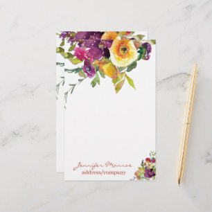 Personliga akvarellblommor i orange och lila brevpapper