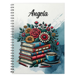 Personliga antika böcker, kaffe och blommor anteckningsbok