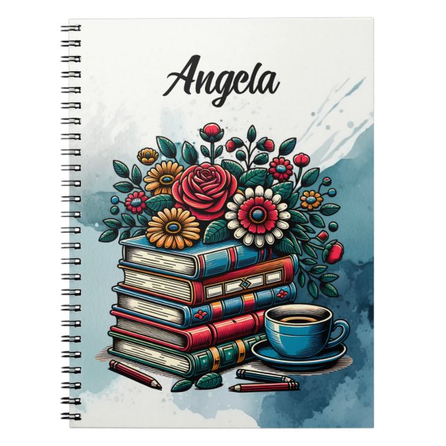 Personliga antika böcker, kaffe och blommor anteckningsbok (Framsidan)