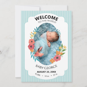personliga babyblå blommiga födelseannonser