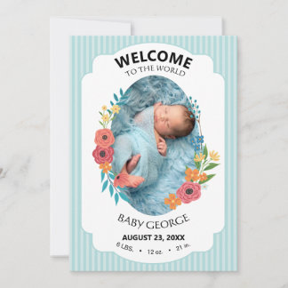 personliga babyblå blommiga födelseannonser