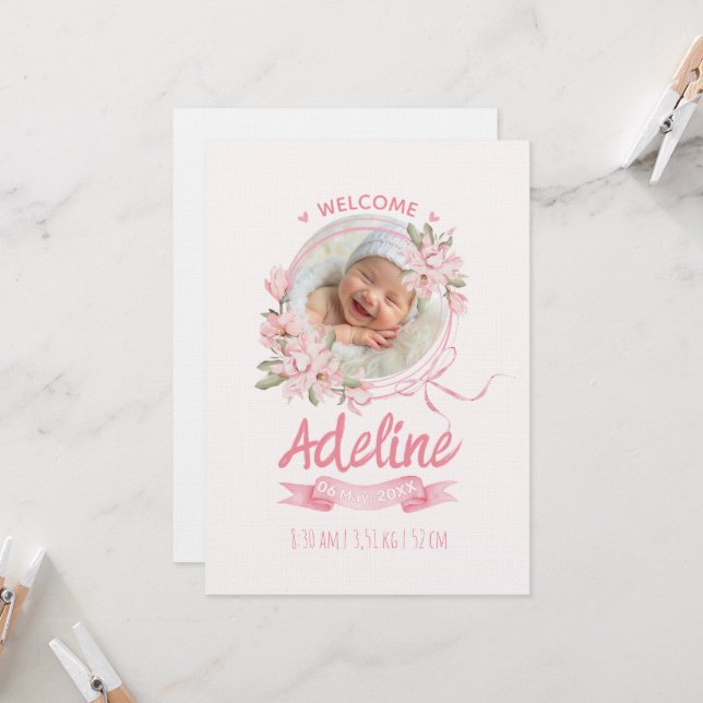 personliga babyblå blommiga födelsetal inbjudningar (Fram/Back In Situ)