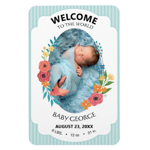 personliga babyblå blommiga födelsetal magnet