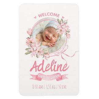 personliga babyblå blommiga födelsetal magnet