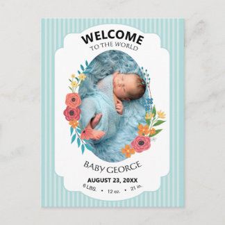 personliga babyblå blommiga födelsetal vykort